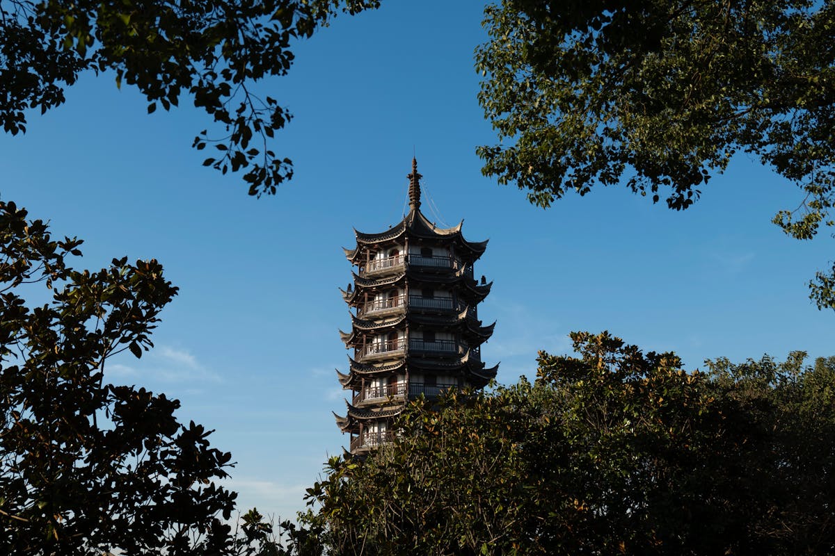 The seven-storey Longhua Pagoda rising above the temple complex in southwest Shanghai