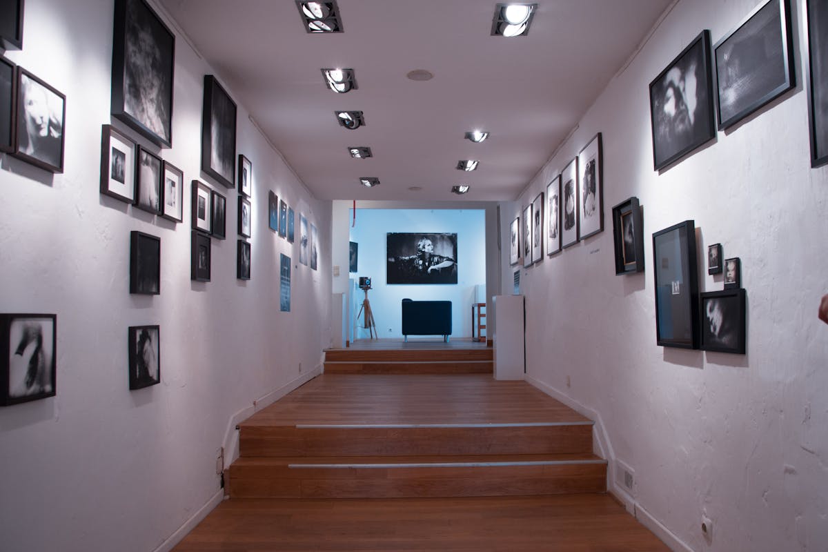 Interior of a contemporary art gallery at M50 with hung paintings and exposed factory steelwork