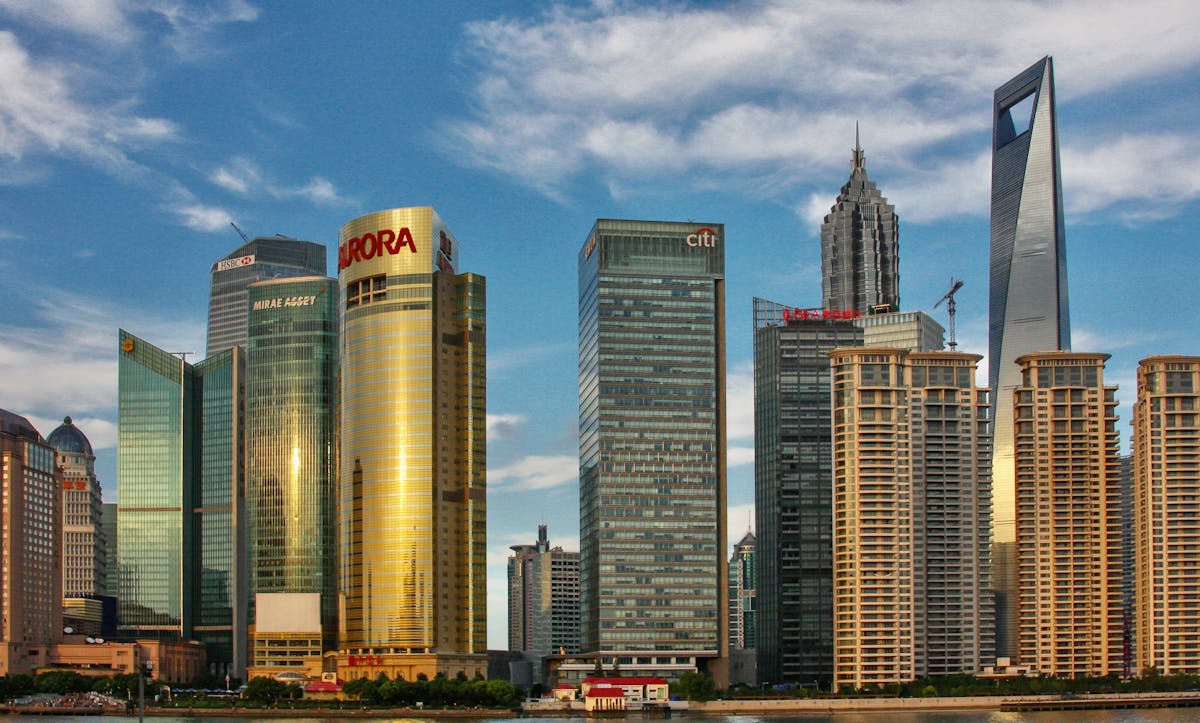 The Pudong skyline of Shanghai showing the Shanghai Tower, World Financial Center and Jin Mao Tower